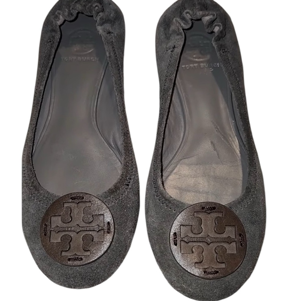 Tory Burch Travel Ballet Flat Taupe Leather and Suede Slip On Shoes Size 6.5